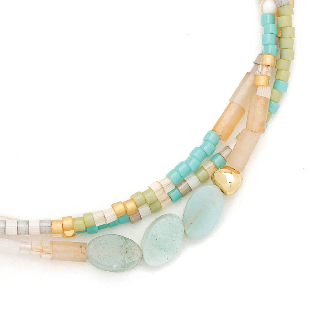 Close-up of Amazonite gemstones, Miyuki beads, gold-tone accents, and adjustable cord on the Courage Mixed Media Bracelet.