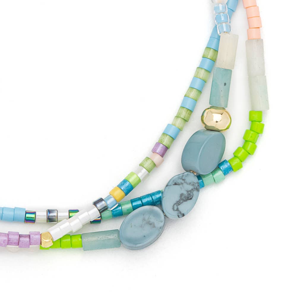 Close-up of Blue Howlite gemstones, Miyuki beads, and adjustable cord on the Harmony Mixed Media Bracelet.