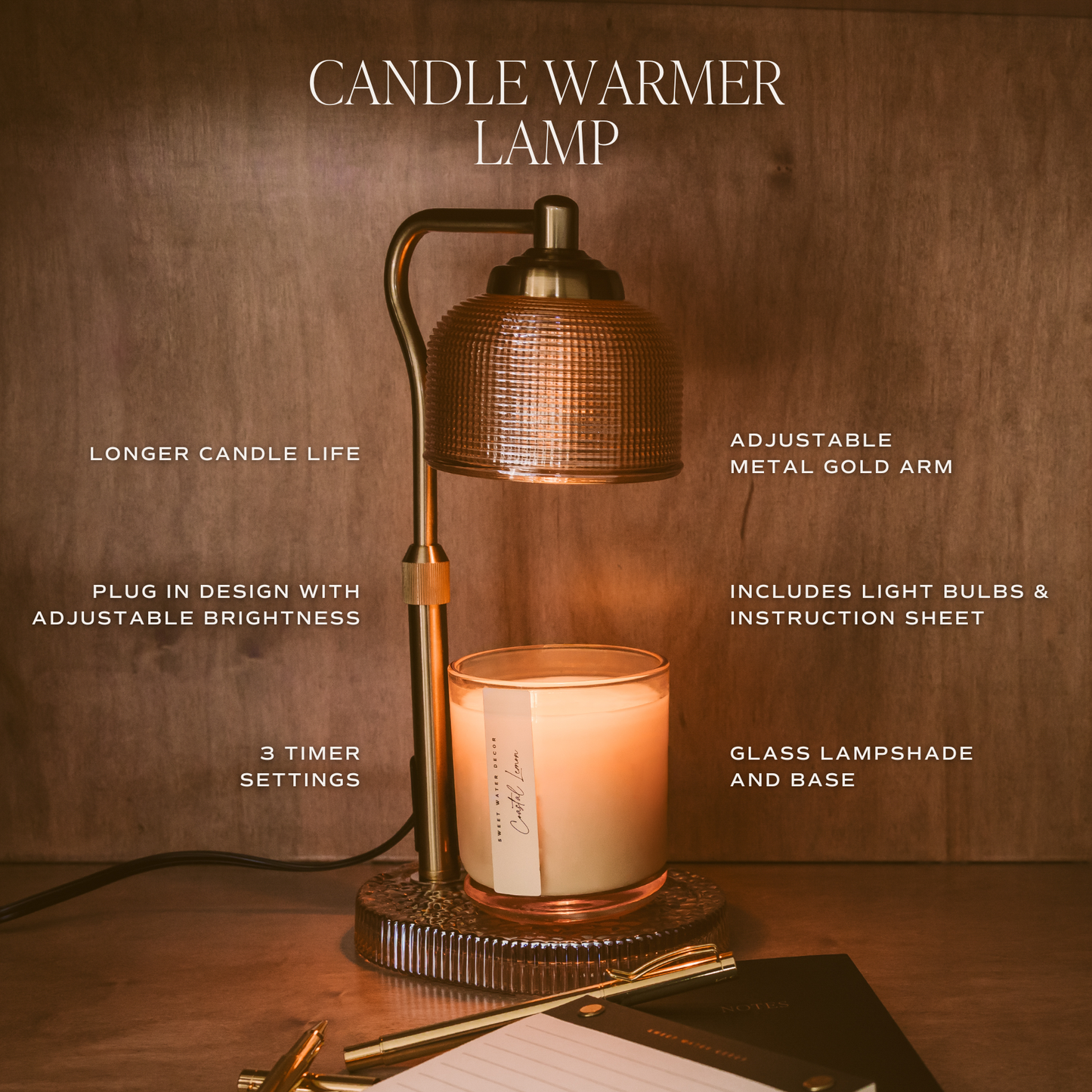 Decorative candle warmer lamp melting a scented candle on a console table in an organic modern living room.