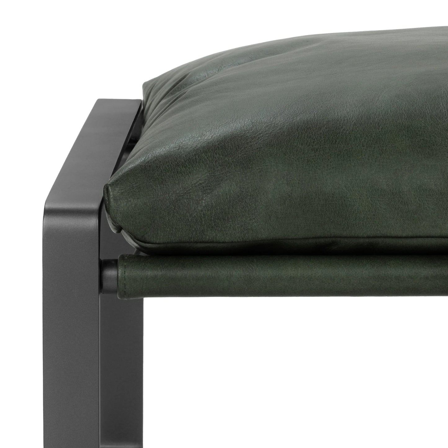 Close-up of the Morgan Ottoman highlighting the rich top-grain leather upholstery, tailored stitching, and sturdy iron frame.