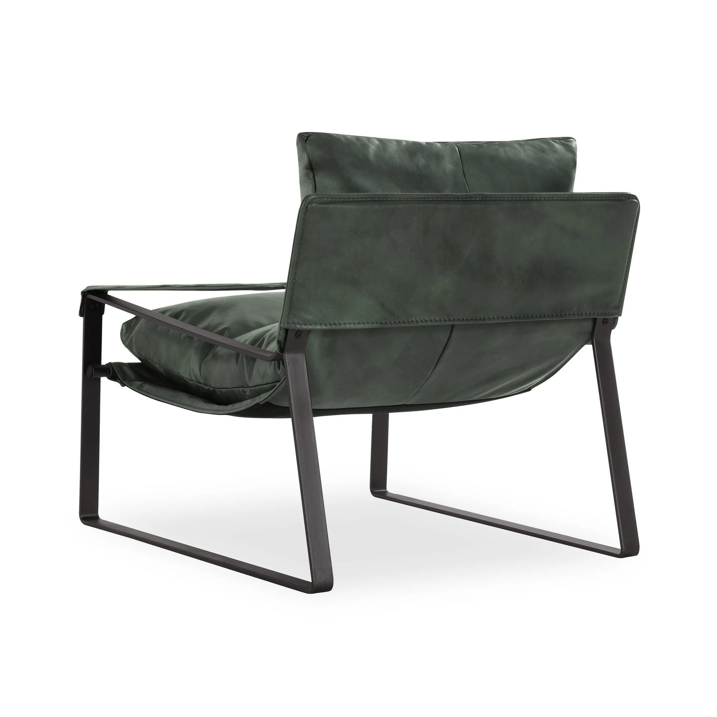 Morgan Leather Accent Chair upholstered in premium top-grain leather in Forest Green with leather-wrapped arms and slender black iron legs.