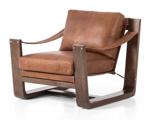 Sierra Leather Sling Chair in Heirloom Sienna top-grain leather with a sculptural solid wood frame.