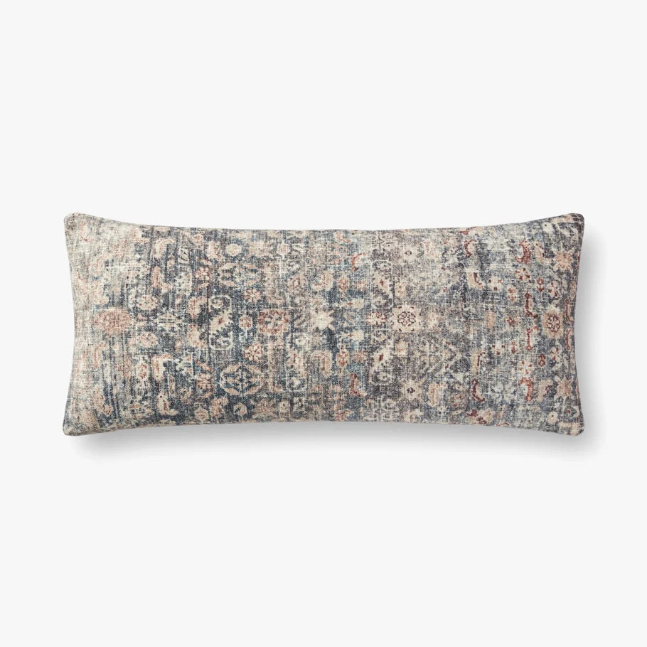 Amber Lewis × Loloi Montara Denim and Natural woven accent pillow with a textured blue and neutral face and ivory back.