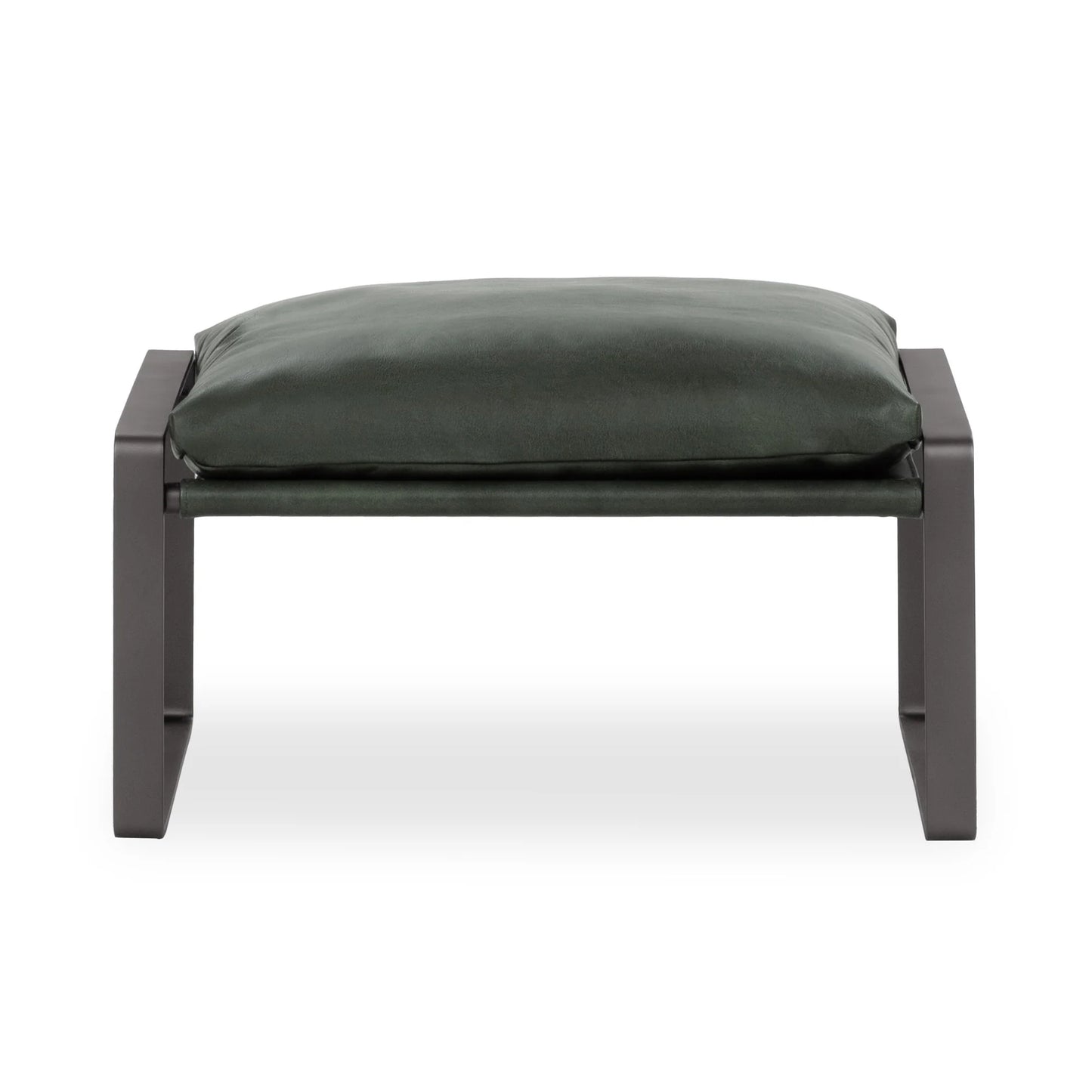Morgan leather ottoman upholstered in top-grain forest green leather with a sleek black iron frame.