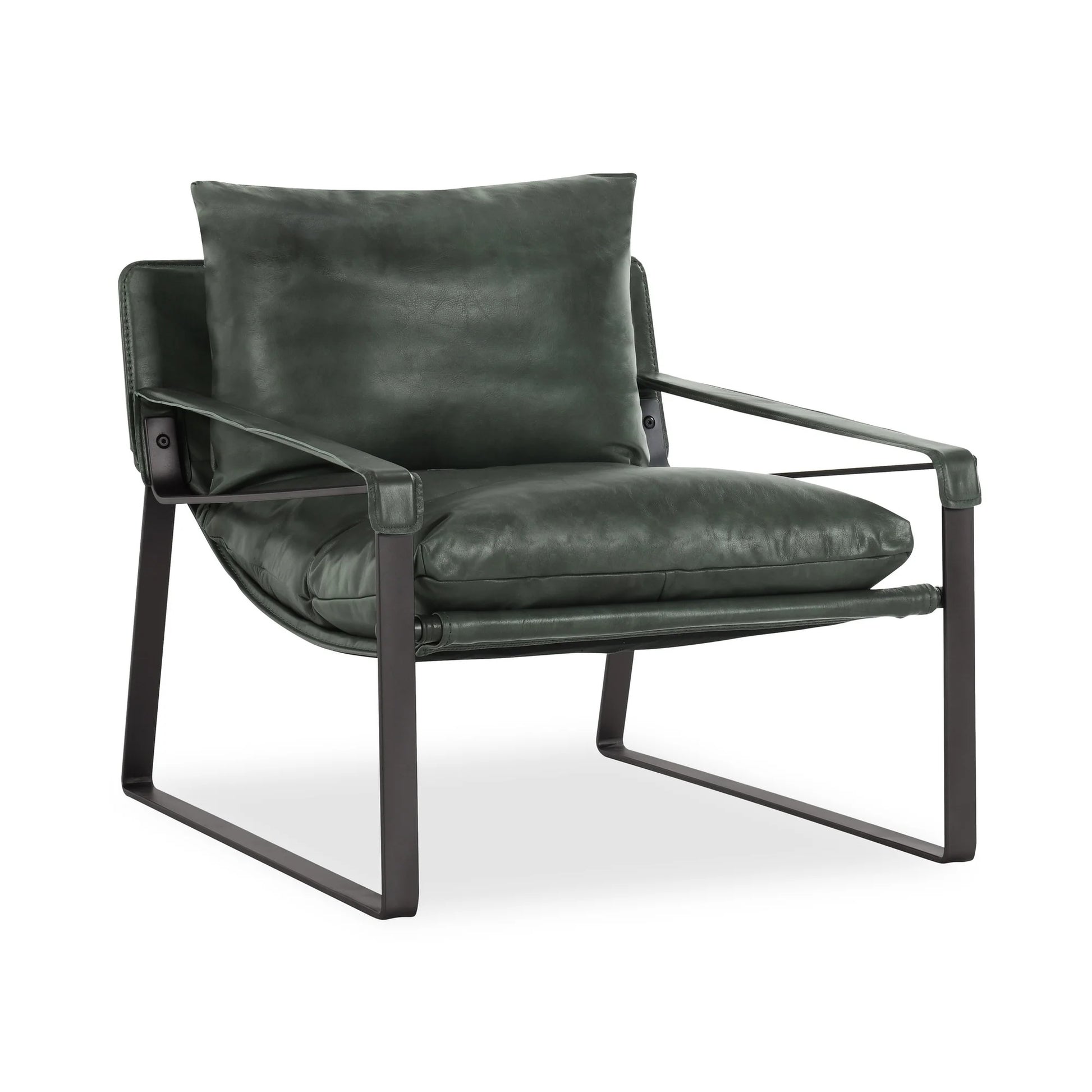 Morgan Leather Accent Chair upholstered in premium top-grain leather in Forest Green with leather-wrapped arms and slender black iron legs.