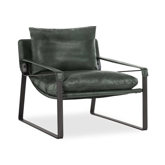 Morgan Leather Accent Chair upholstered in premium top-grain leather in Forest Green with leather-wrapped arms and slender black iron legs.