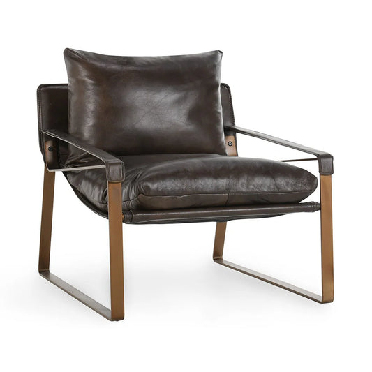 Morgan Leather Accent Chair upholstered in premium top-grain leather in Truffle Brown with leather-wrapped arms and slender black iron legs.