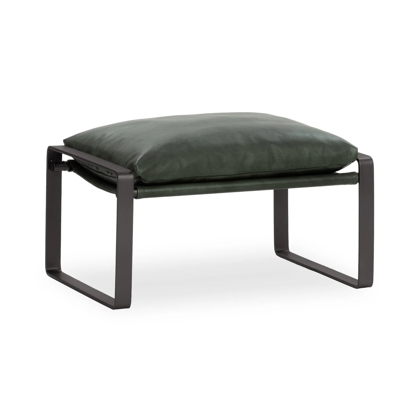 Morgan leather ottoman upholstered in top-grain forest green leather with a sleek black iron frame.