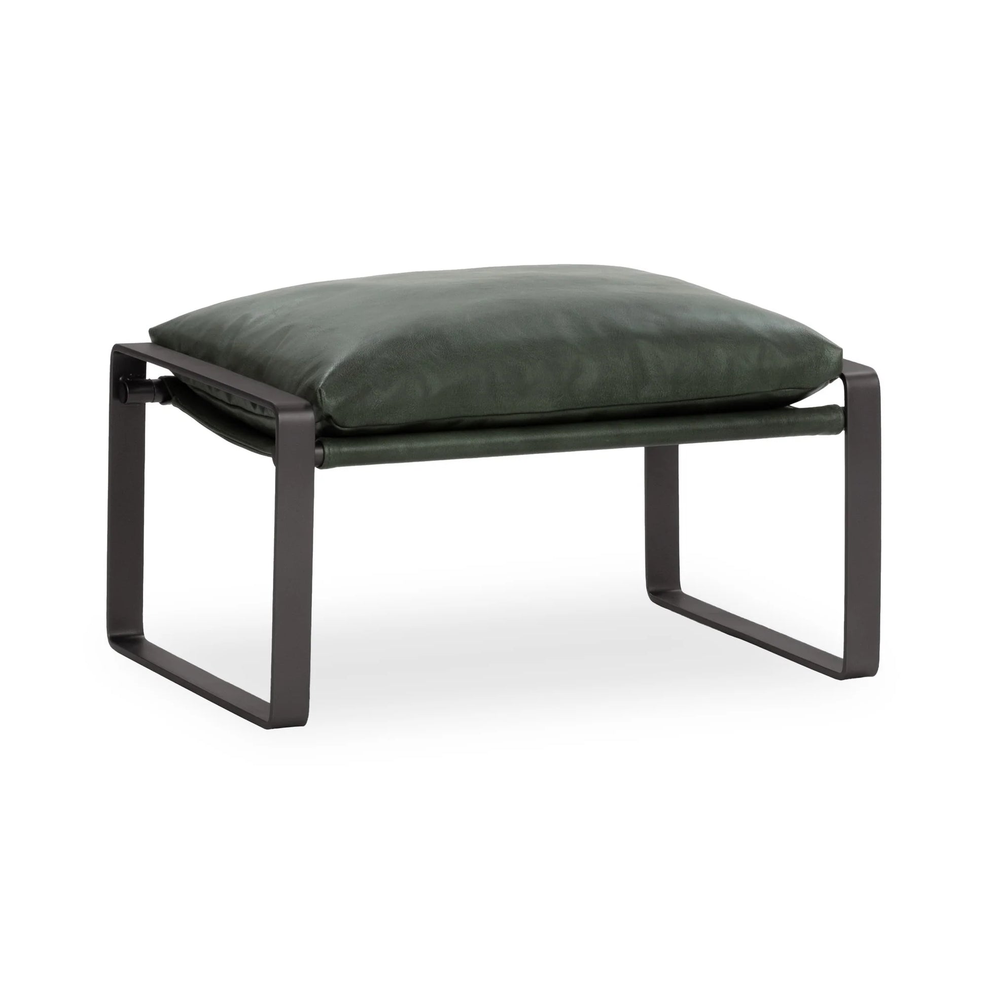 Morgan leather ottoman upholstered in top-grain forest green leather with a sleek black iron frame.