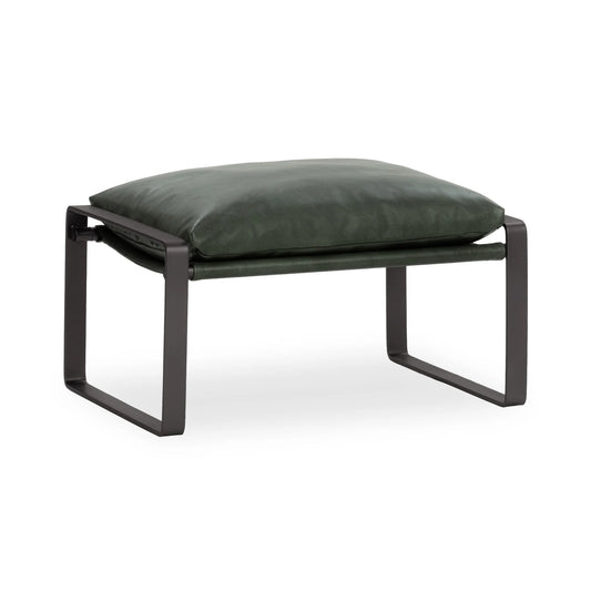 Morgan leather ottoman upholstered in top-grain forest green leather with a sleek black iron frame.