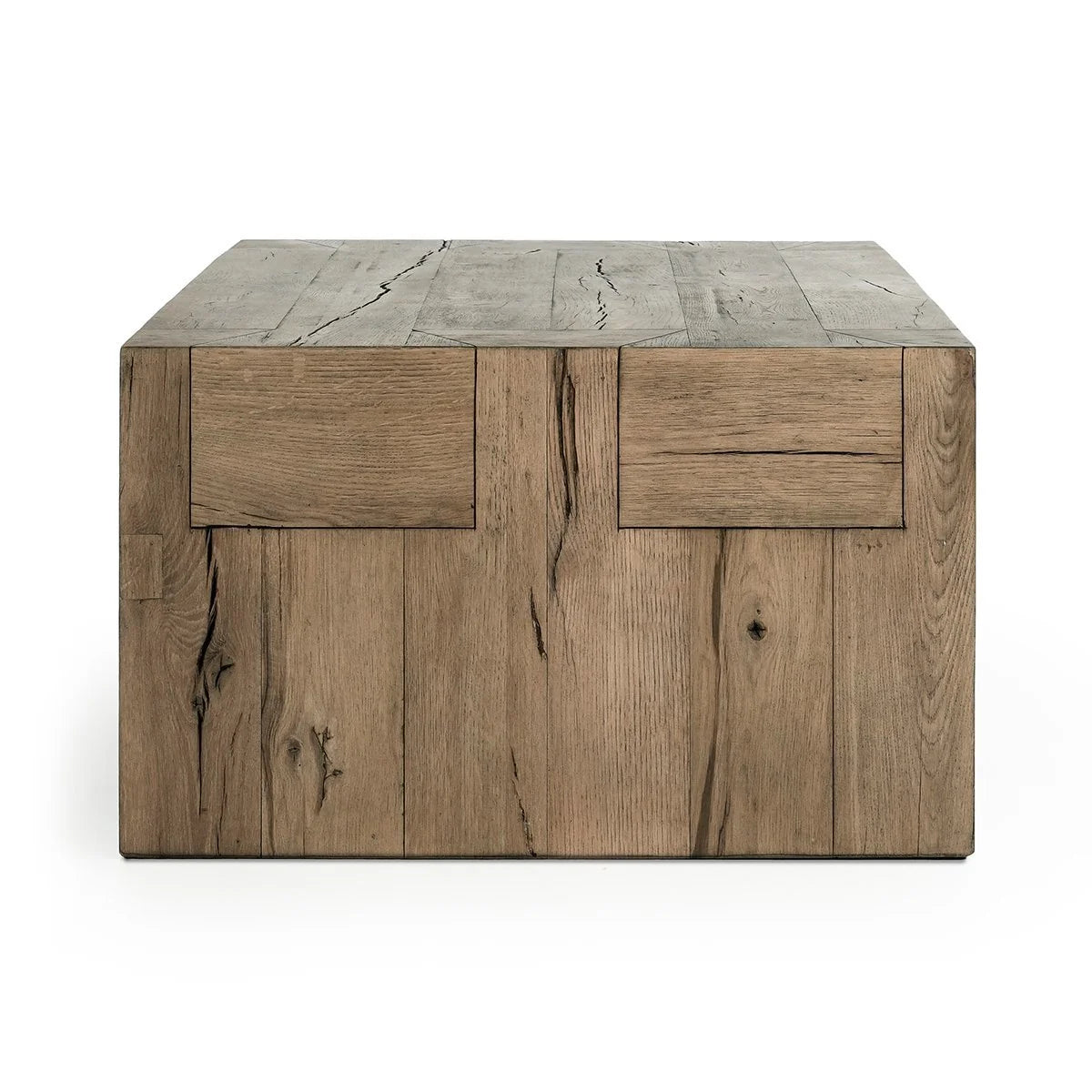 Close-up of the Bristol coffee table showcasing the reclaimed oak grain, natural cracks, exposed joinery, and warm Café Brown finish.