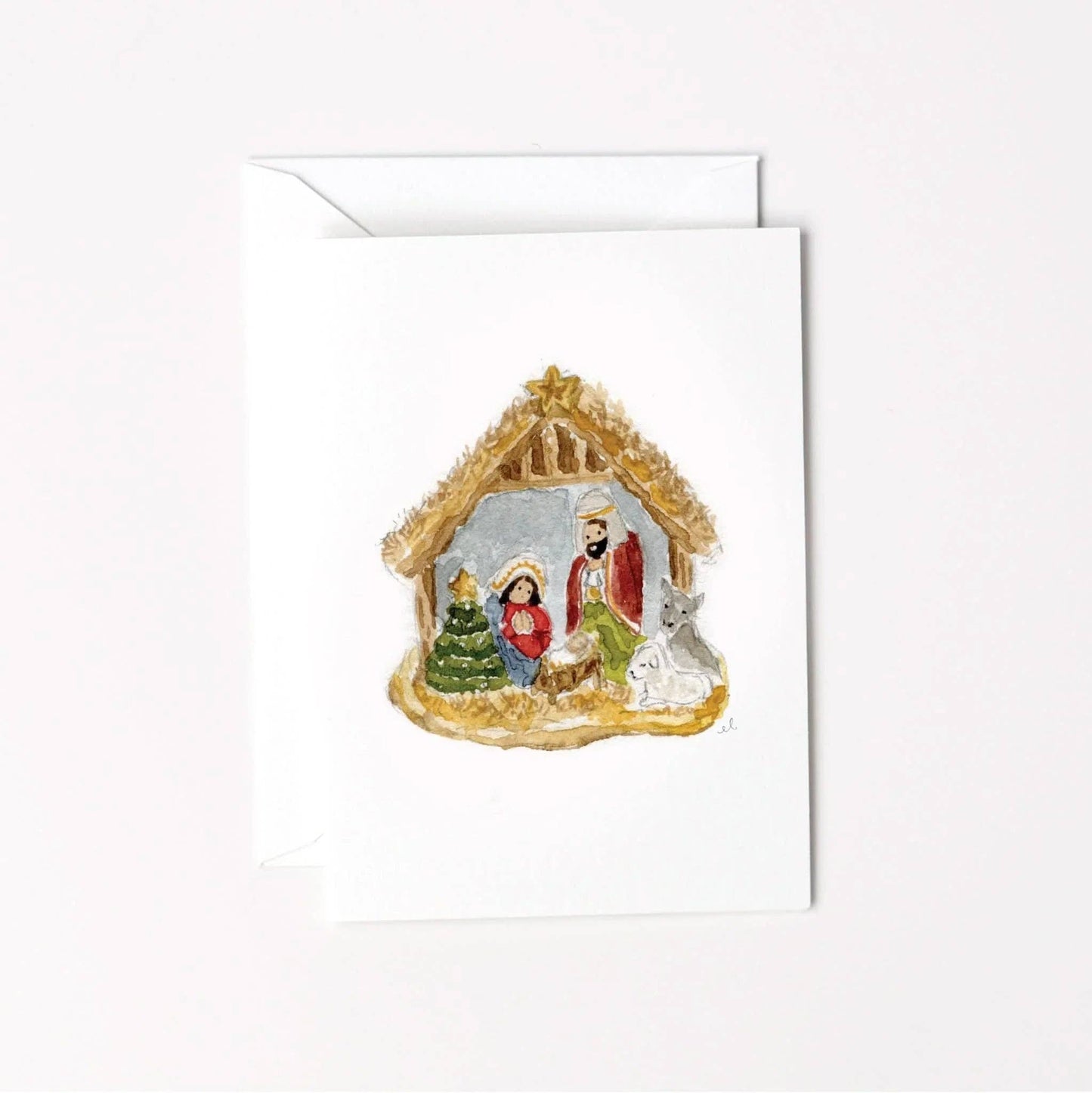 Nativity Ornament Christmas Mini Enclosure Card by Emily Lex featuring an original watercolor illustration of a nativity ornament celebrating the birth of Christ.