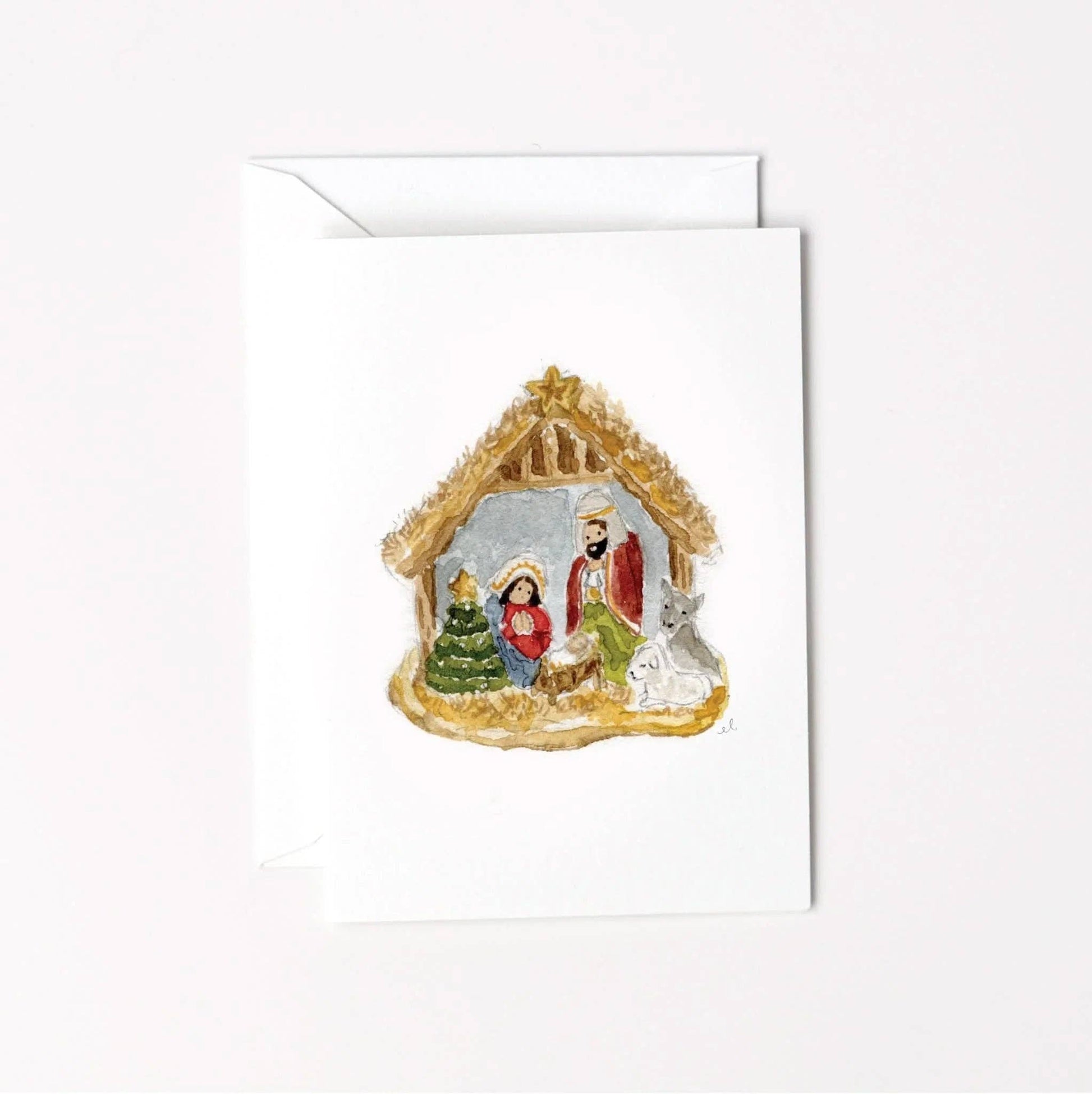 Nativity Ornament Christmas Mini Enclosure Card by Emily Lex featuring an original watercolor illustration of a nativity ornament celebrating the birth of Christ.