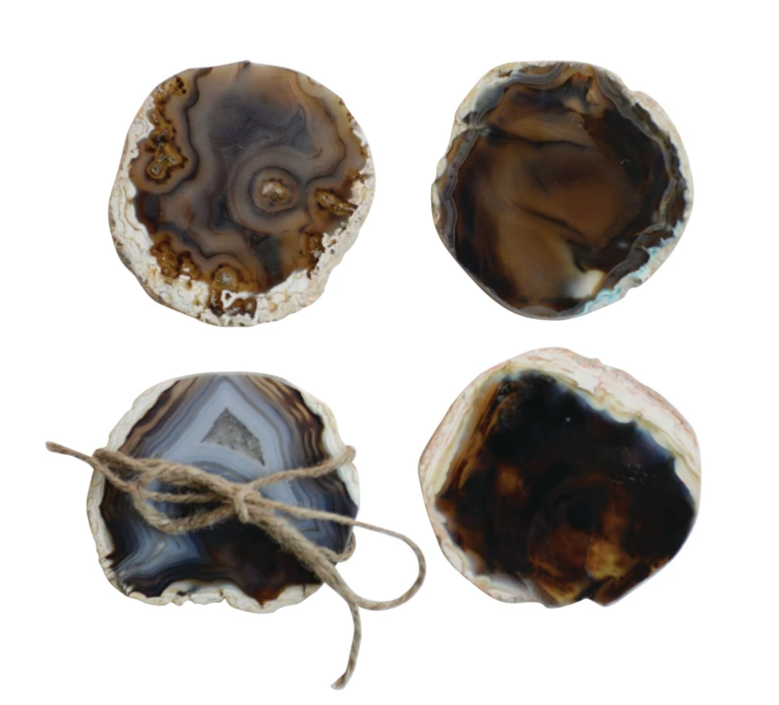 Set of four natural agate coasters featuring unique stone patterns and organic color variations.