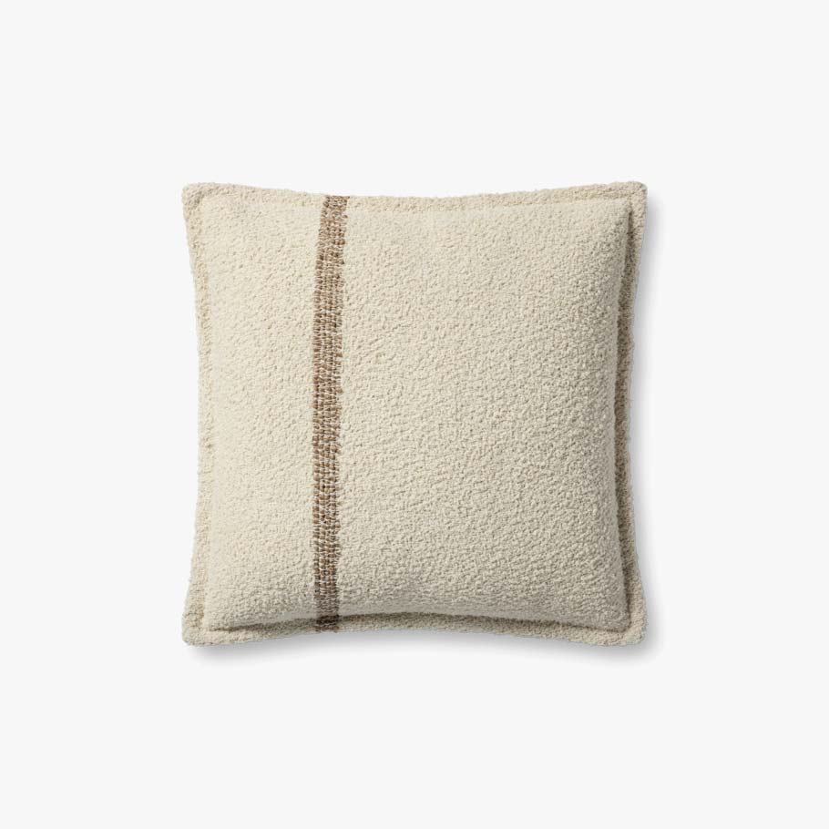 Natural and tan decorative throw pillow with a woven texture, flange edge, and premium down-filled insert.
