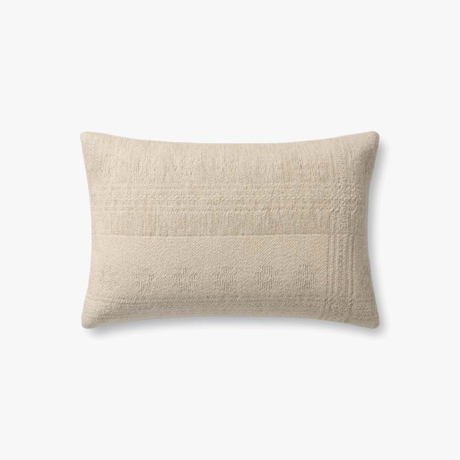 Natural textured jacquard woven throw pillow crafted from a cotton and linen blend with a premium down-filled insert.
