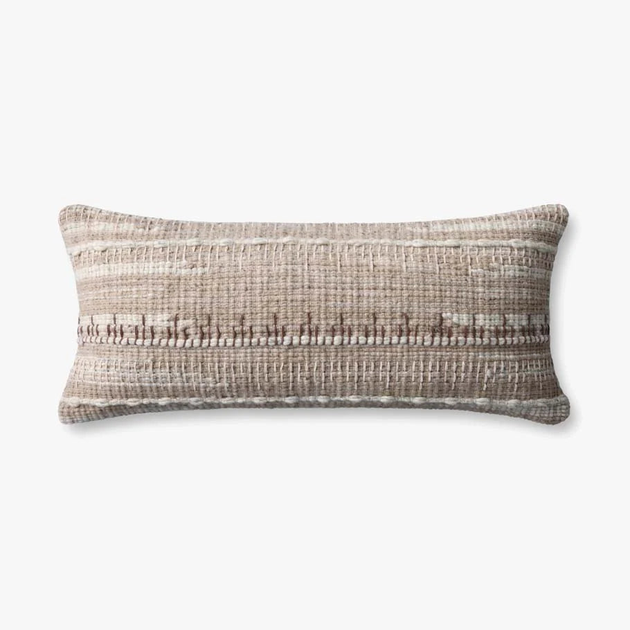 Handwoven wool throw pillow in Ivory and Beige featuring a textured woven design, knife-edge finish, and premium down-filled insert.
