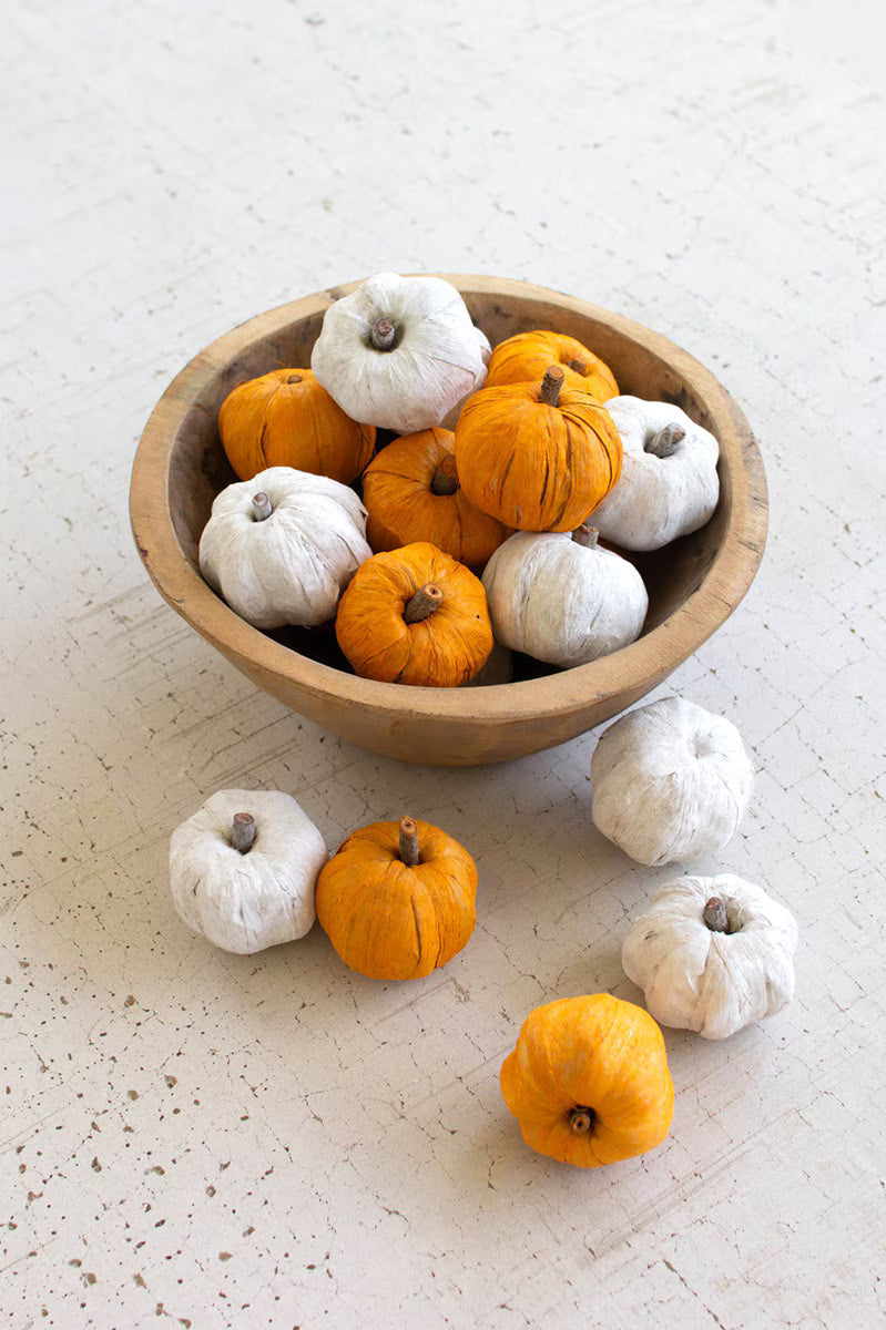 Bag of 15 white miniature faux pumpkins for neutral fall decorating.