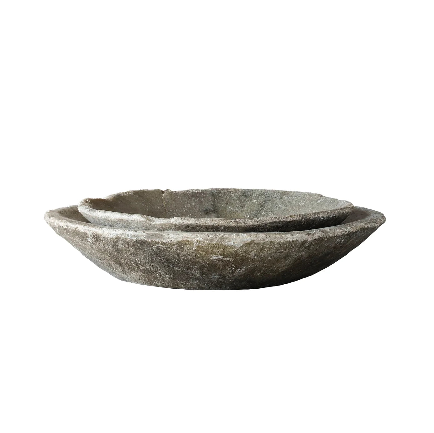 Vintage round marble bowl from India with a shallow profile, neutral stone coloration, and naturally aged patina.