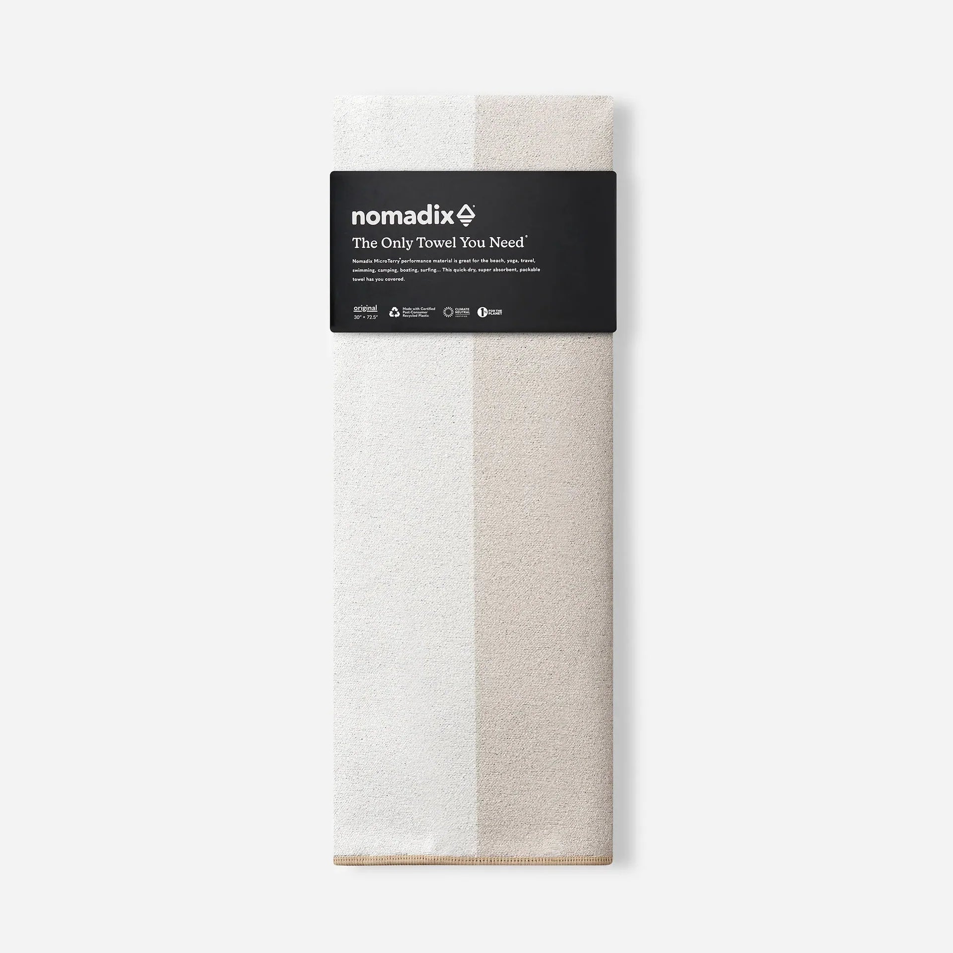 Nomadix Original Travel Towel in Classic Cabana Tan featuring timeless neutral cabana stripes and quick-dry MicroTerry™ performance fabric.