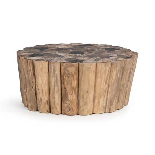 Norwest Teak & Petrified Wood Coffee Table featuring a genuine petrified wood top with a handcrafted natural teak wood frame.