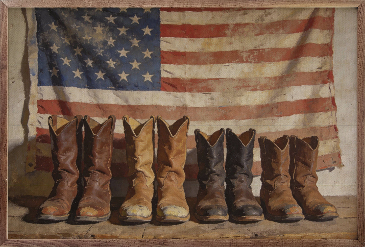 Old Americana Boots framed wood wall art featuring vintage cowboy boots on a solid wood panel with a rich natural walnut frame.