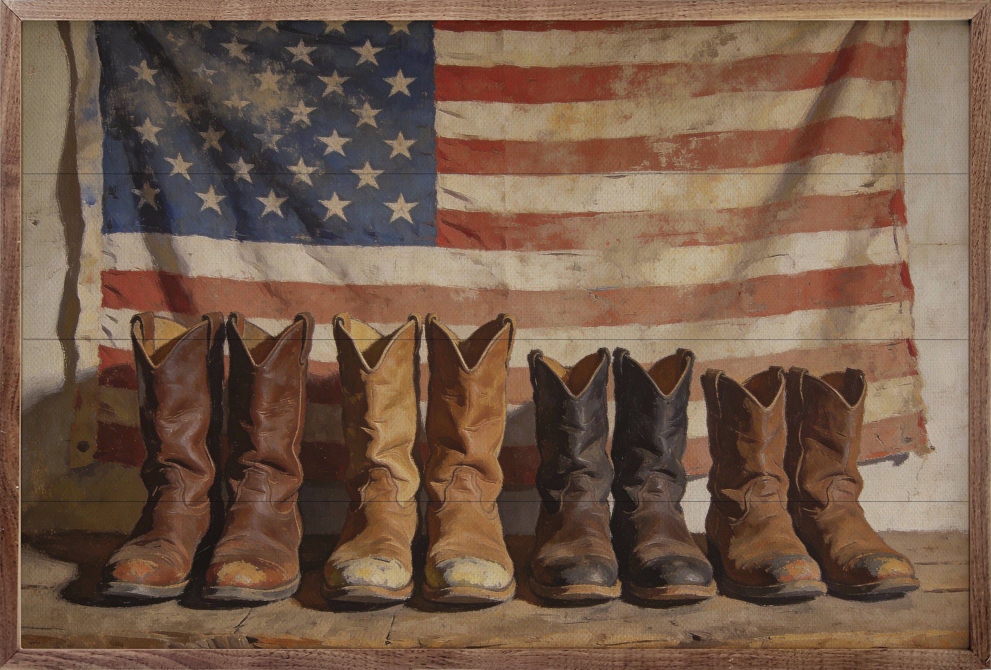 Old Americana Boots framed wood wall art featuring vintage cowboy boots on a solid wood panel with a rich natural walnut frame.
