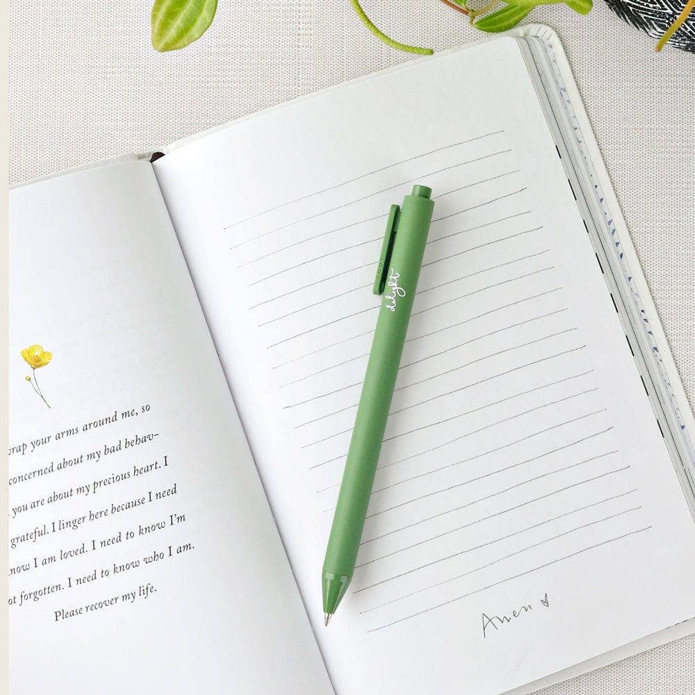 Matte finish gel ink pen featuring the word “delight” in handwritten script.