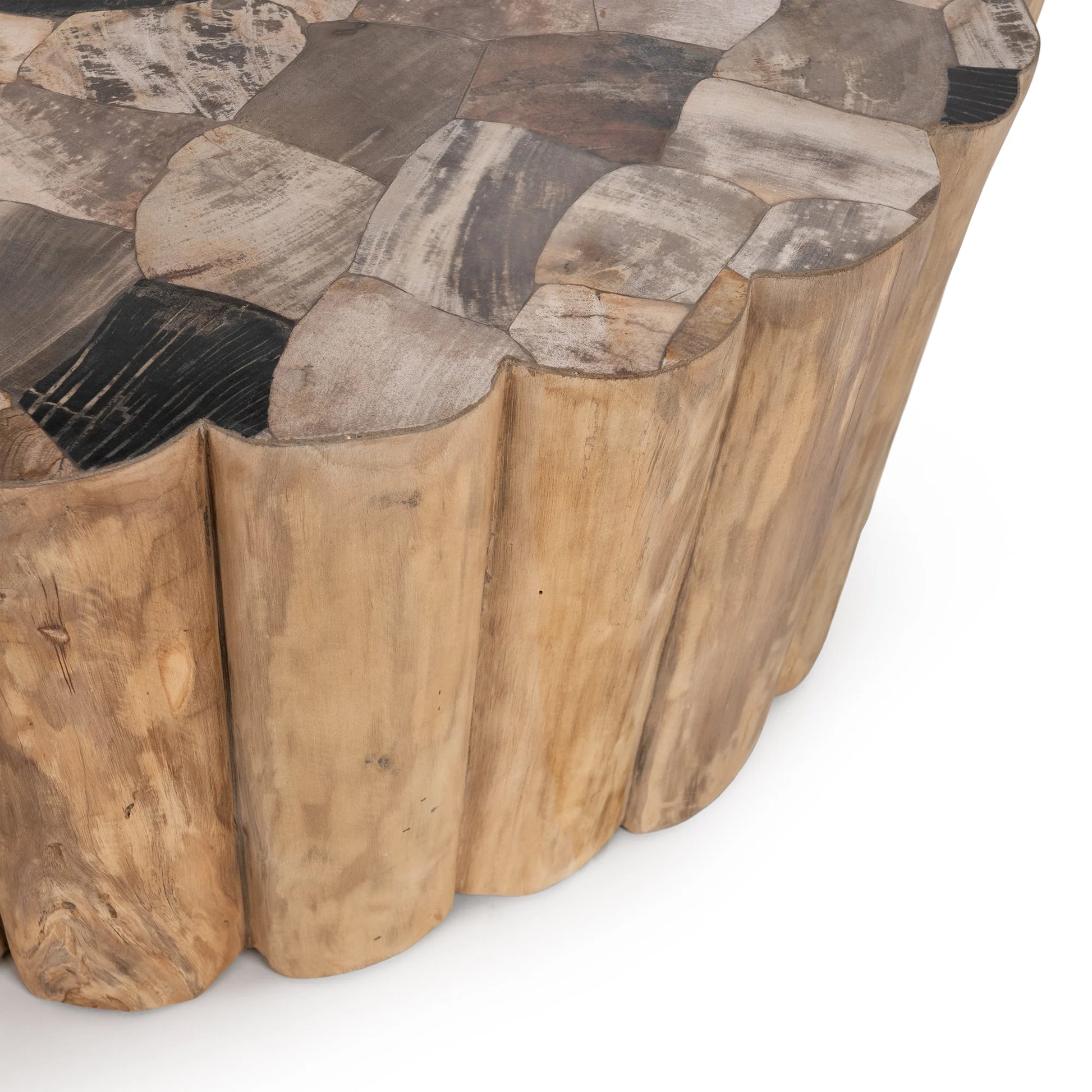 Close-up of the Norwest coffee table showcasing the polished petrified wood surface, fossilized stone patterns, and rich teak wood grain.