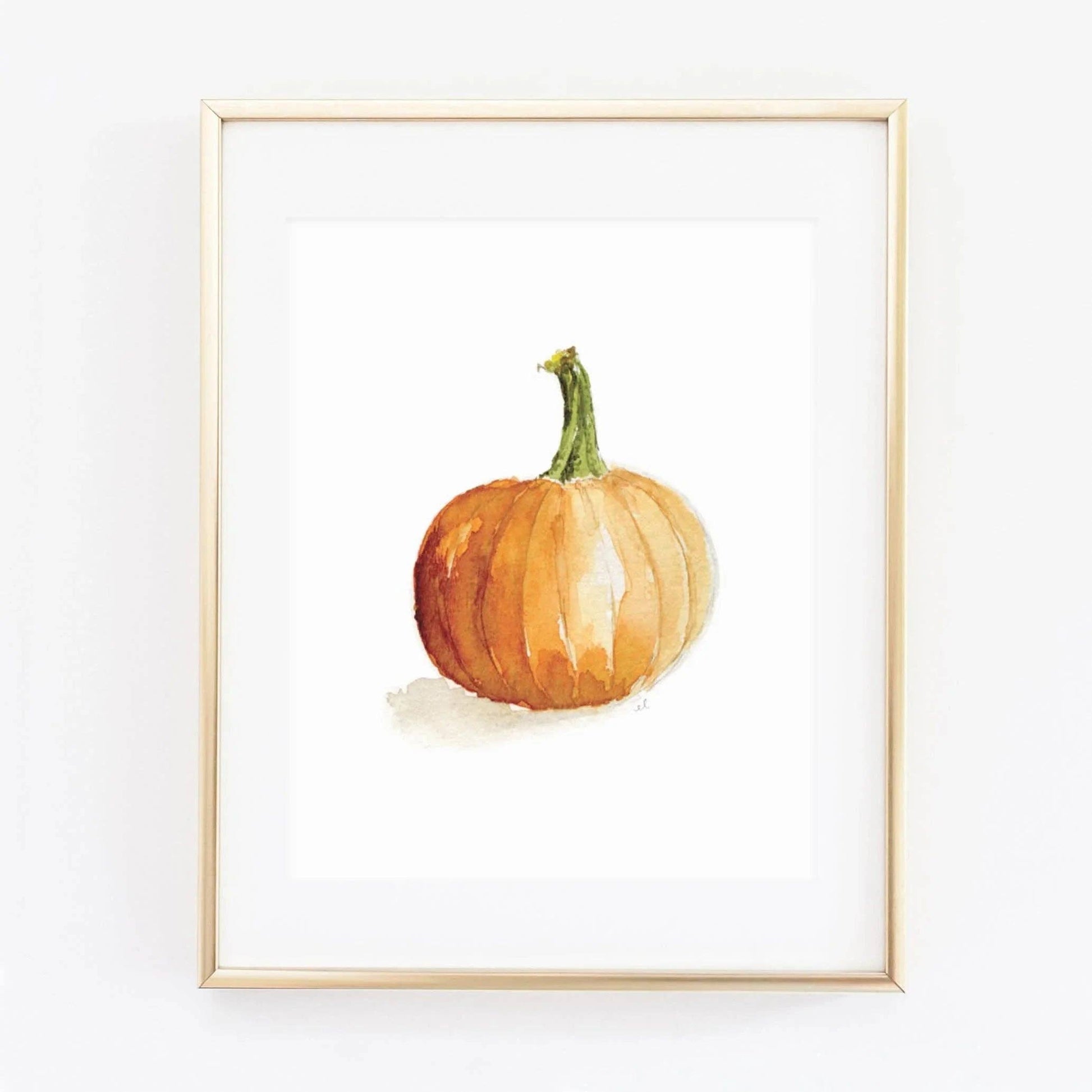 Orange Pumpkin Watercolor Art Print by Emily Lex featuring an original watercolor illustration of a classic autumn pumpkin.