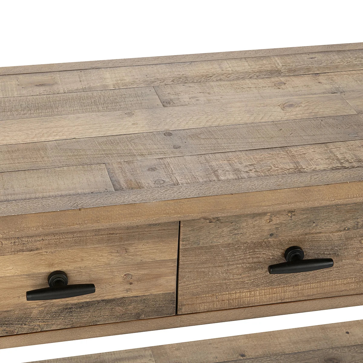 Close-up of the Talladega console table highlighting the reclaimed pine wood grain, weathered finish, and artisan craftsmanship.