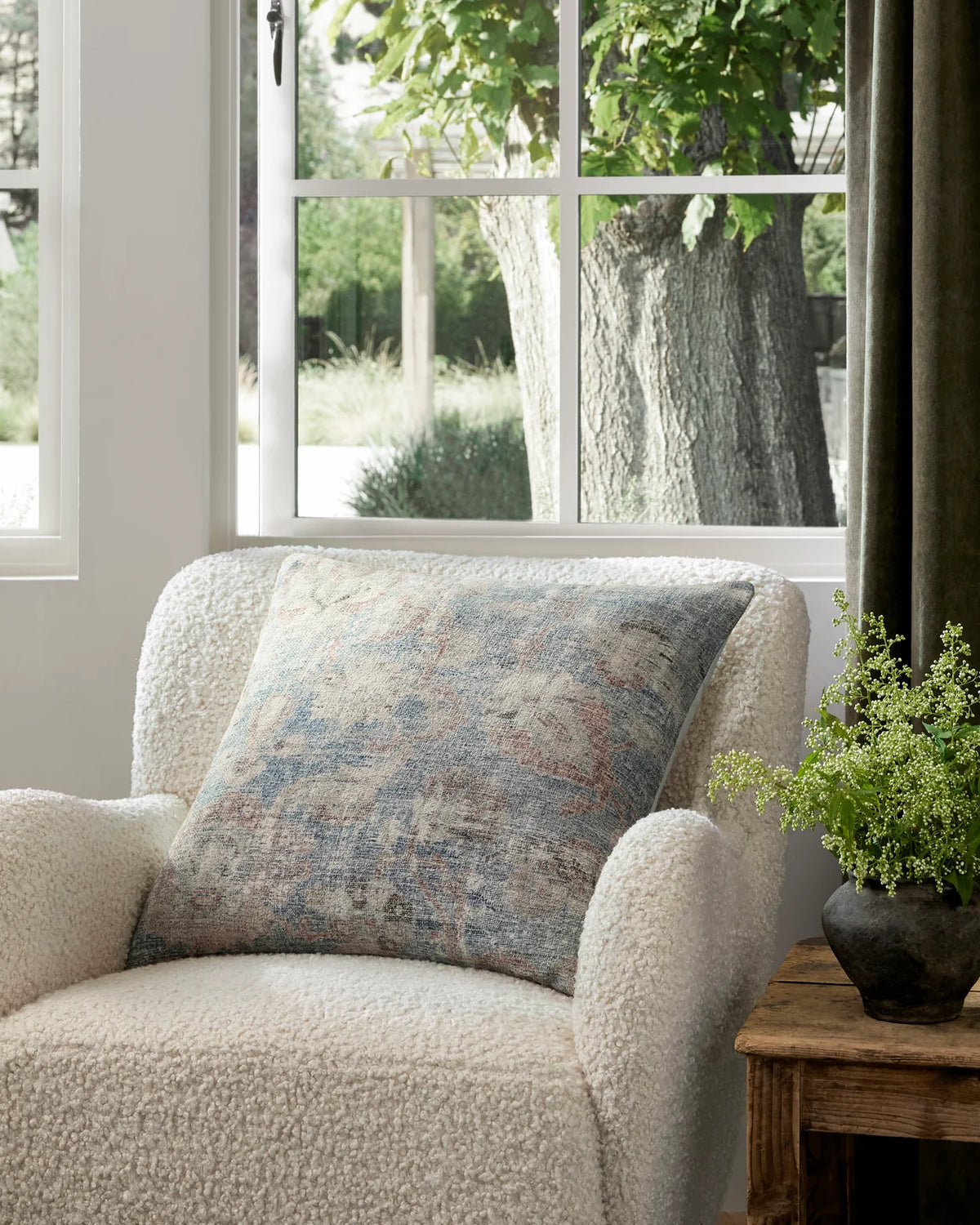 Amber Lewis × Loloi Pacifica decorative throw pillow in Sky and Natural featuring a woven cotton and polyester cover with a premium down-filled insert.