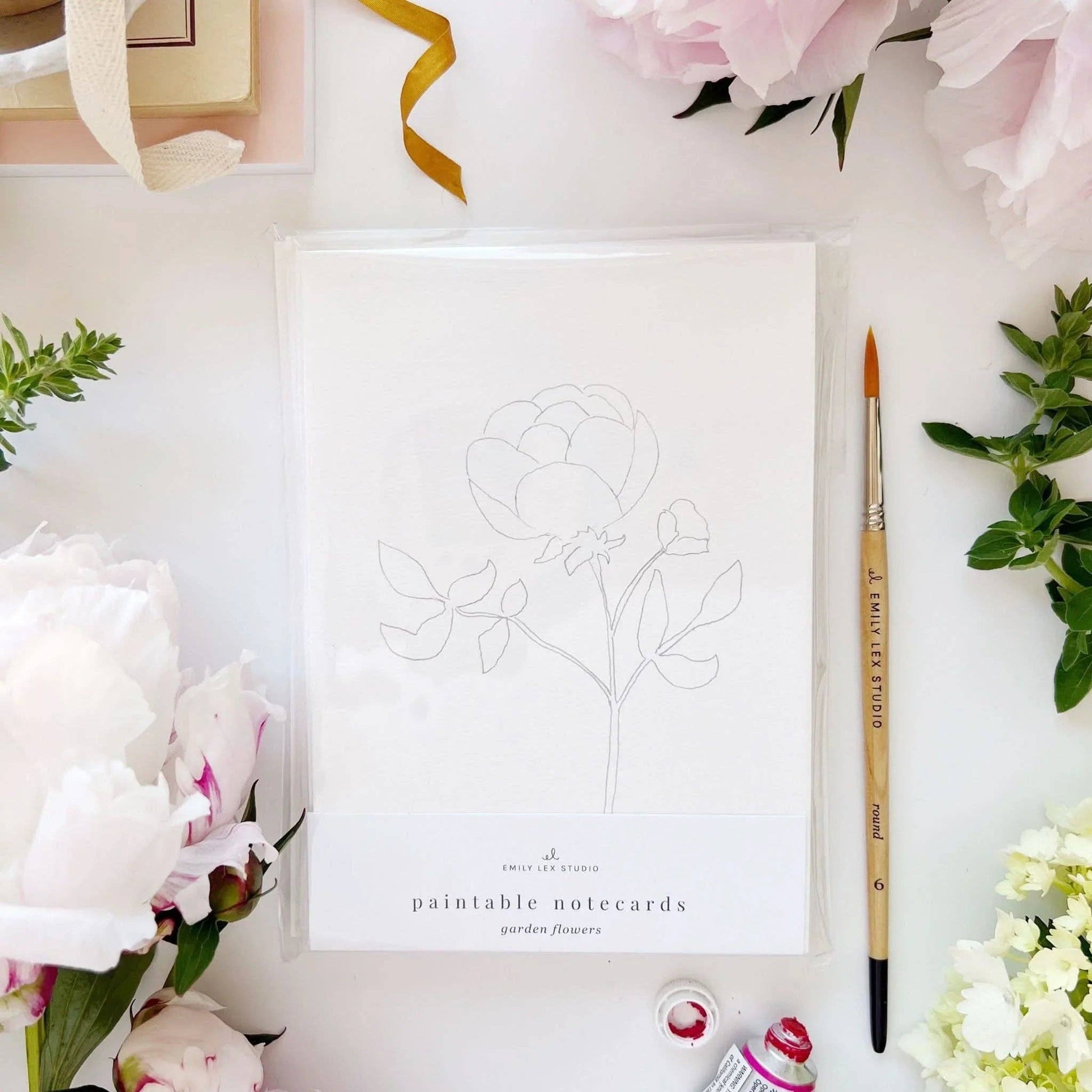 Paintable watercolor notecards featuring hydrangea, garden rose, delphinium, and daisy illustrations.