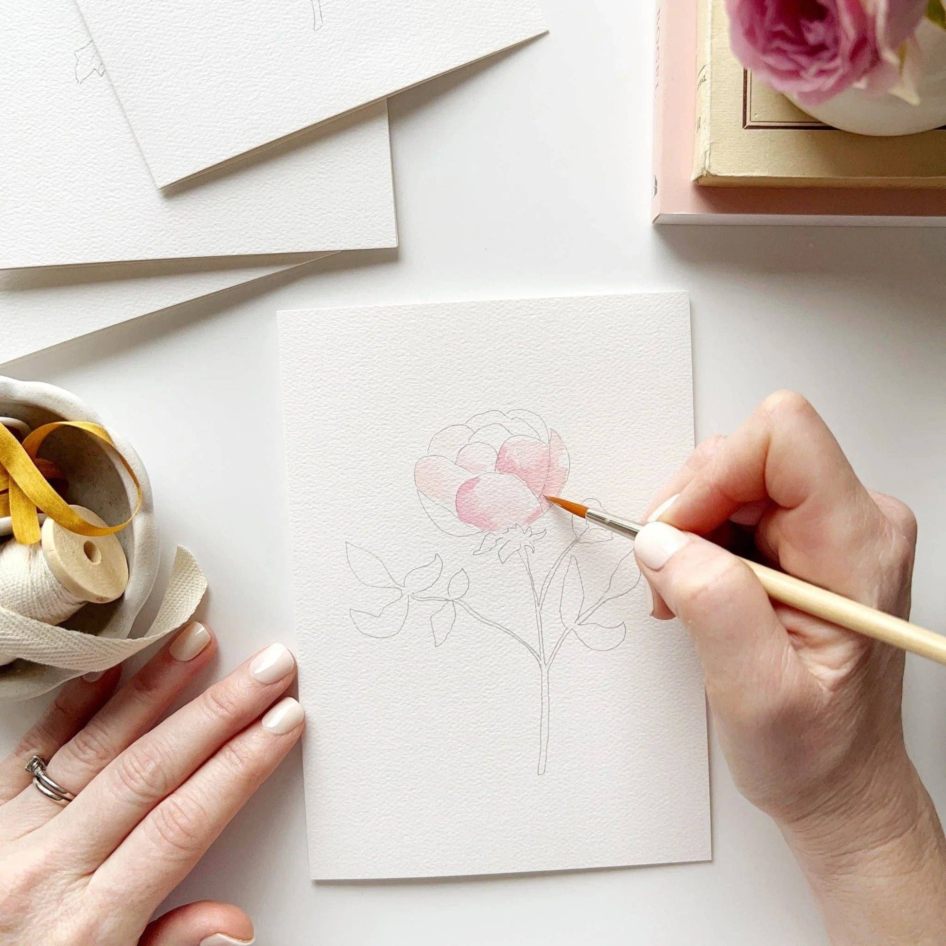 Botanical watercolor notecard set with beginner-friendly painting instructions.