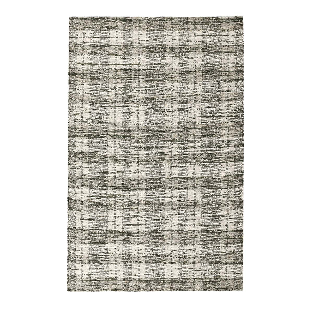 Perth Handwoven Area Rug in Green and Natural featuring classic stripes, subtle plaid detailing, and soft hand-carded wool texture.