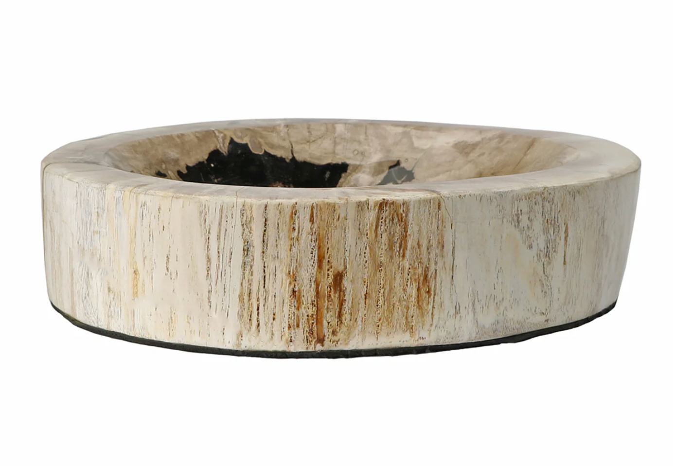 Medium petrified wood bowl from Indonesia with fossilized wood grain, organic edges, and naturally varied earthen coloration.