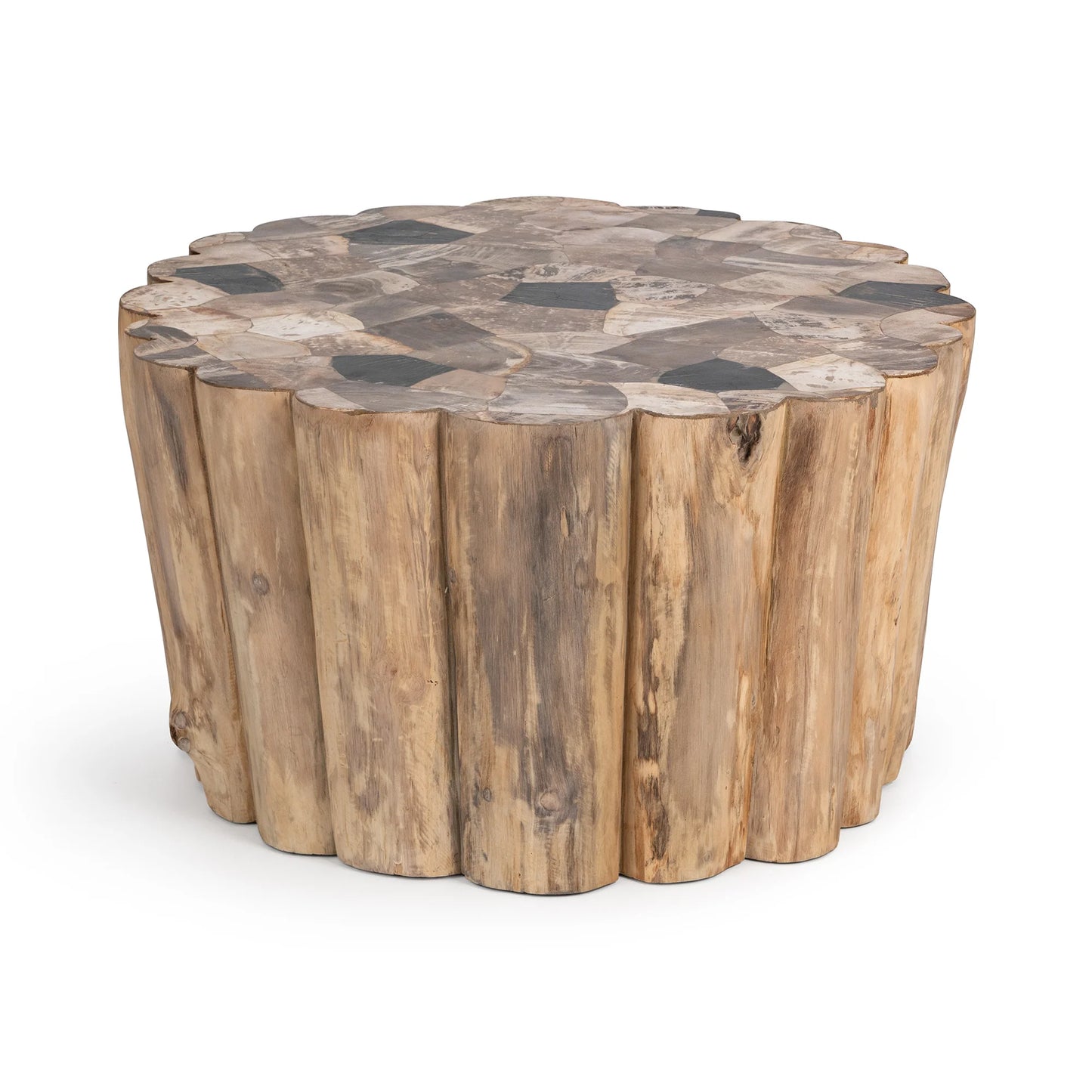Norwest Teak & Petrified Wood Coffee Table featuring a genuine petrified wood top with a handcrafted natural teak wood frame.