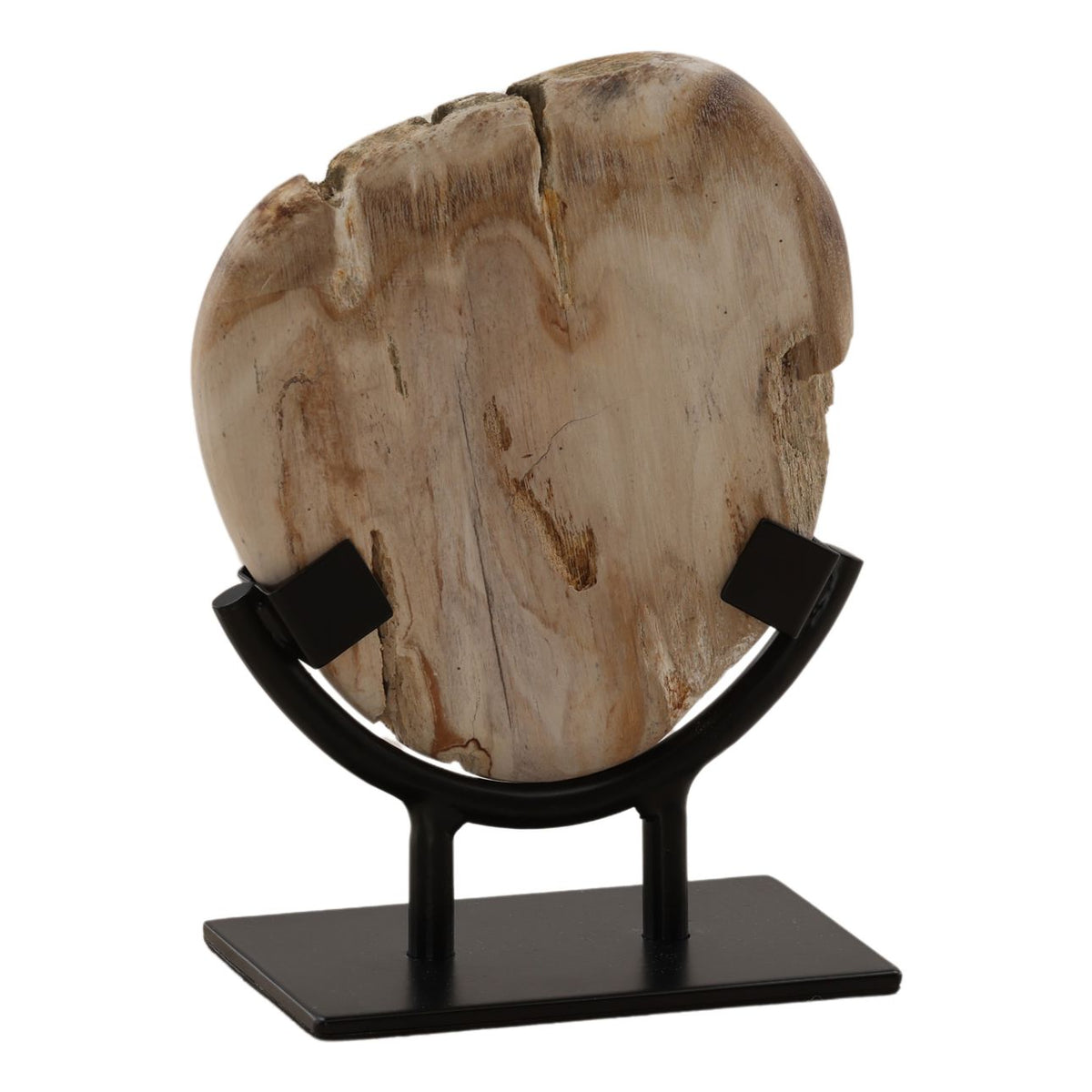 Natural petrified wood sculpture displayed on a simple black iron stand.
