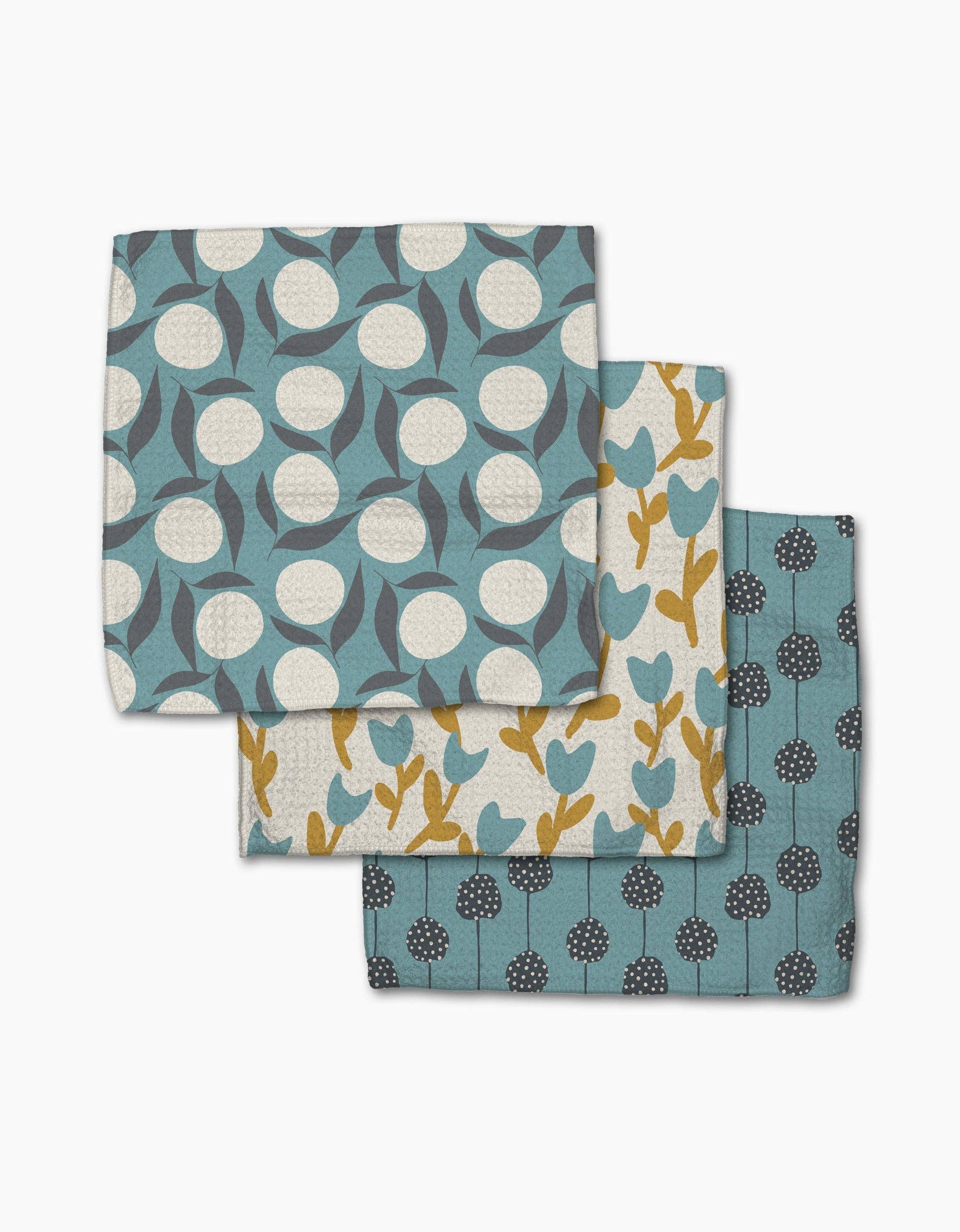 Polka Dot Blooms Geometry dishcloth set featuring three coordinating printed reusable kitchen cloths.
