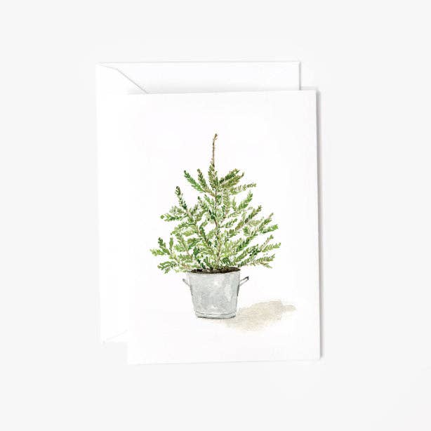 Potted Tree Mini Notecard by Emily Lex featuring a hand-painted watercolor evergreen tree in a planter on a petite folded greeting card with a coordinating envelope.