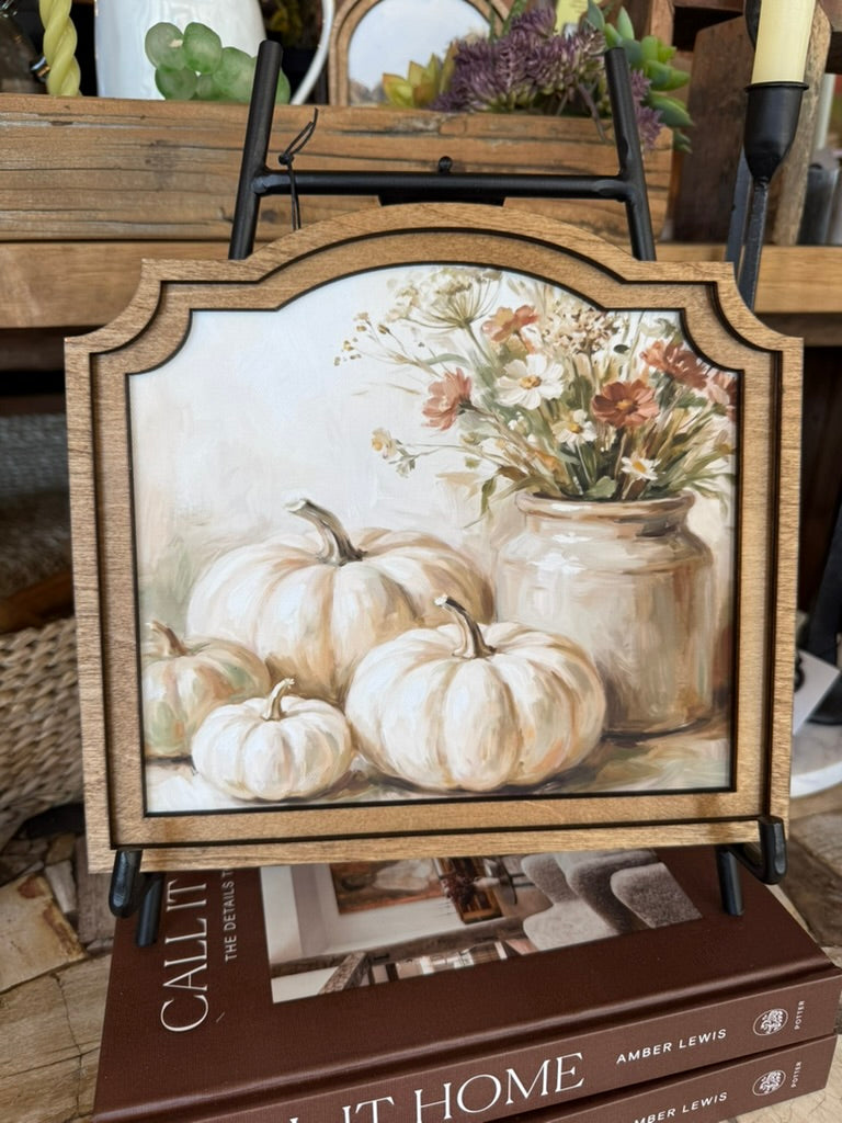 Provincial Cream Pumpkins Framed Canvas Art featuring soft cream pumpkins in a handcrafted custom-shaped birch wood frame with an Early American finish.