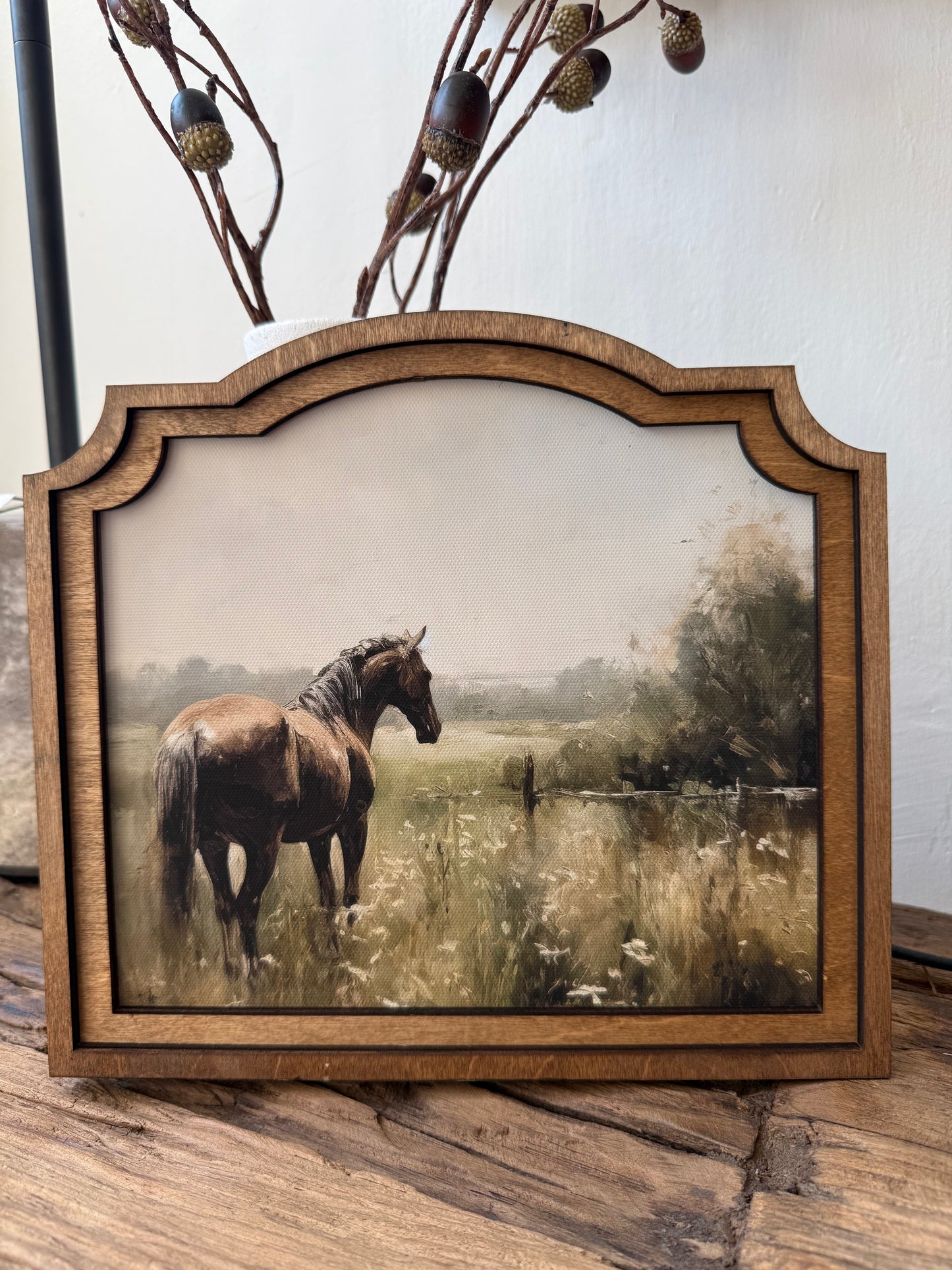 Provincial Horse Framed Canvas Art featuring a timeless horse portrait in a handcrafted custom-shaped birch wood frame with an Early American finish.