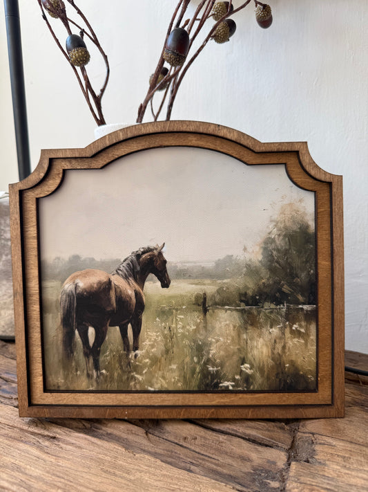 Provincial Horse Framed Canvas Art featuring a timeless horse portrait in a handcrafted custom-shaped birch wood frame with an Early American finish.