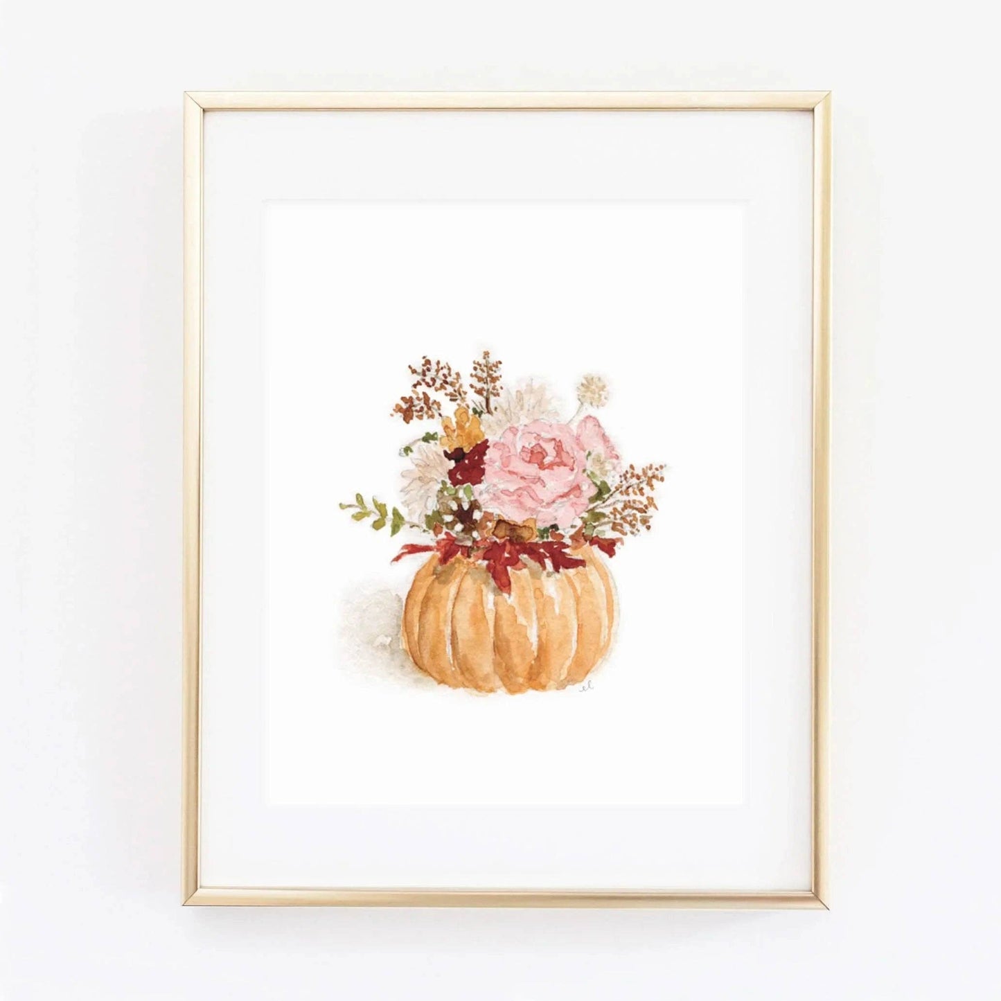 Pumpkin Bouquet Watercolor Art Print by Emily Lex featuring an original watercolor painting of a seasonal pumpkin surrounded by autumn florals.