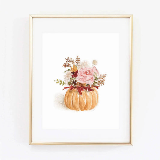 Pumpkin Bouquet Watercolor Art Print by Emily Lex featuring an original watercolor painting of a seasonal pumpkin surrounded by autumn florals.