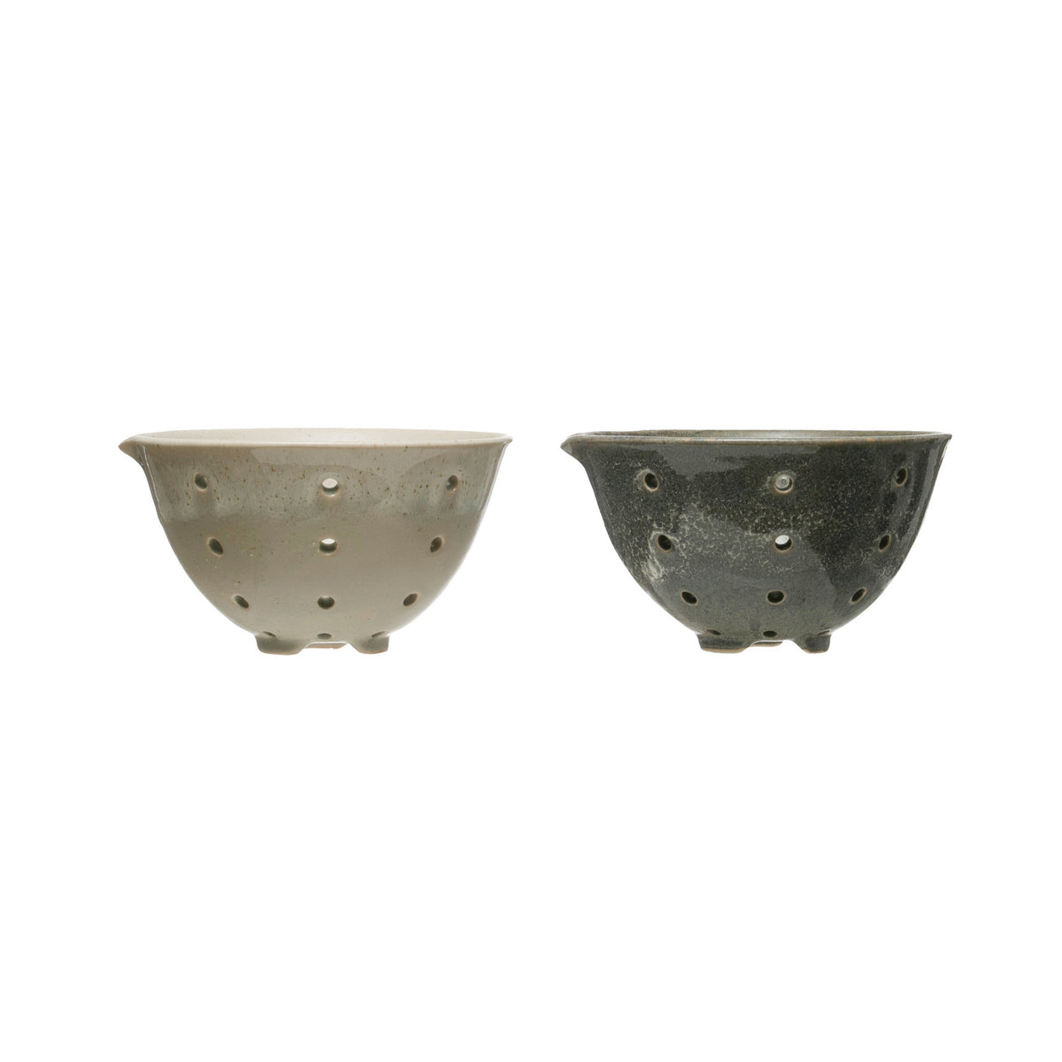 Cream and charcoal reactive glaze stoneware berry bowls with an open basket-inspired design.