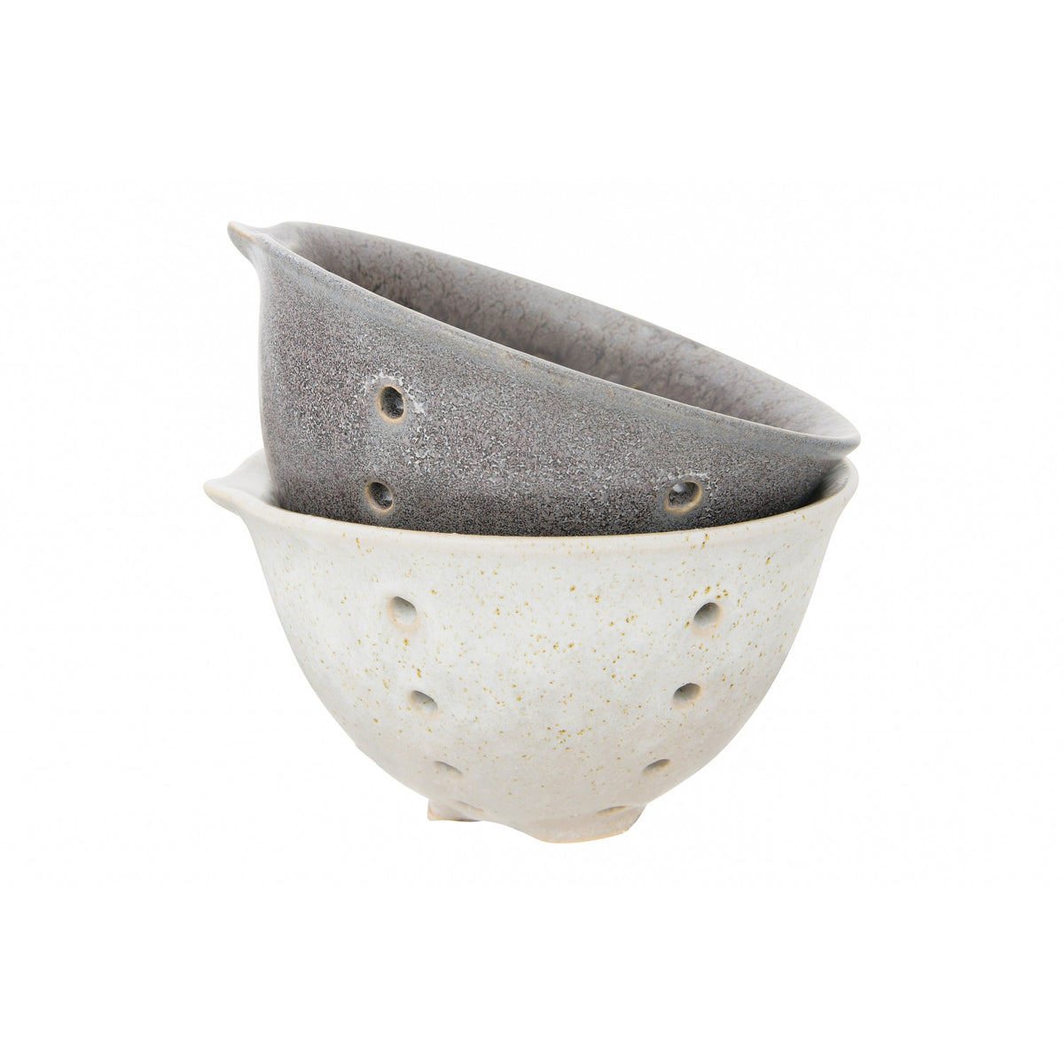Cream and charcoal reactive glaze stoneware berry bowls with an open basket-inspired design.