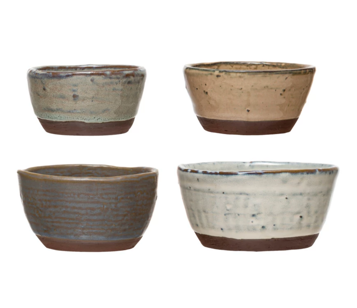 Set of four reactive glaze stoneware bowls featuring artisan-inspired finishes and unique variations.