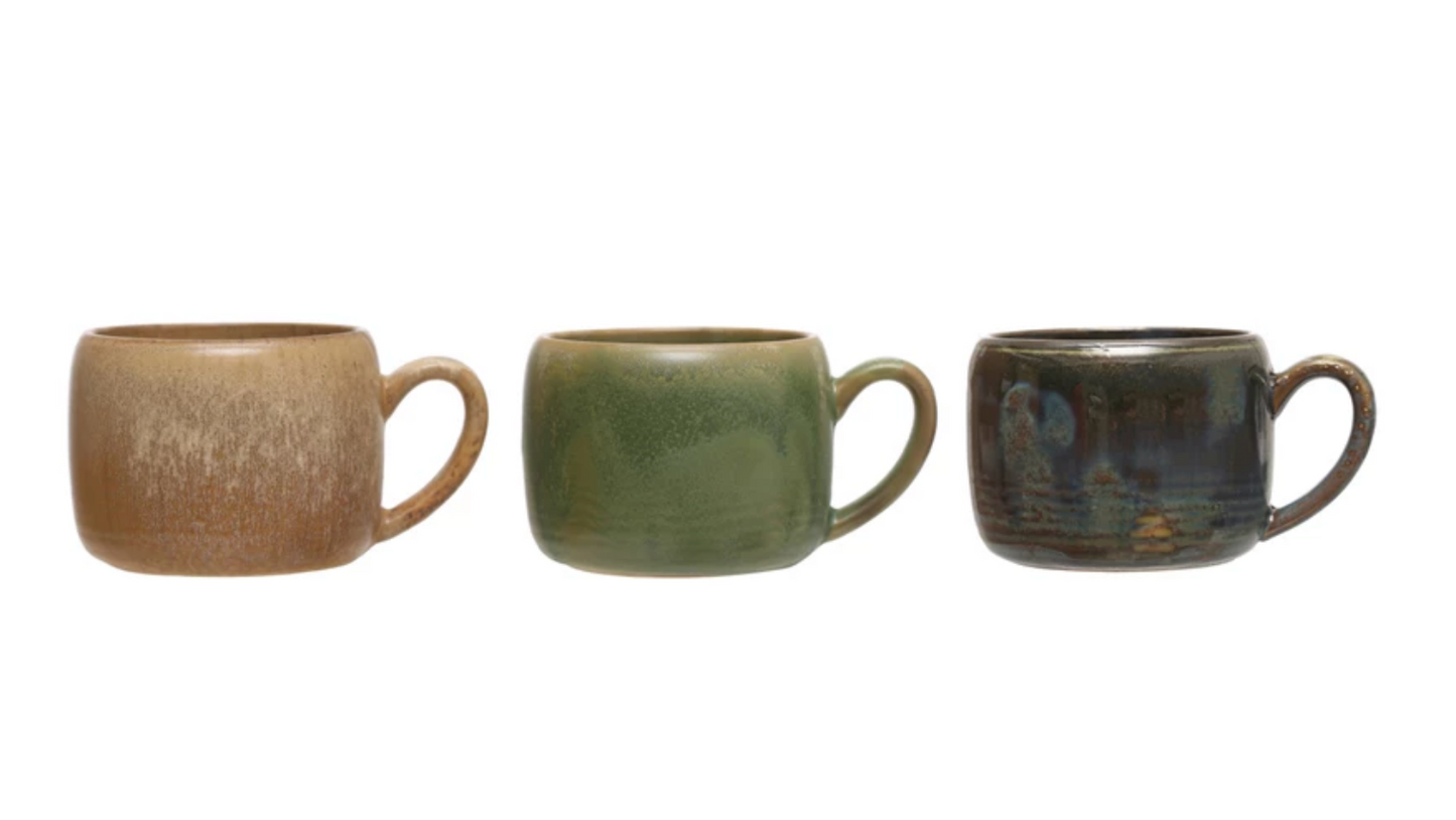 Beige, Green and Blue 14-ounce stoneware mug with a handcrafted reactive glaze finish.