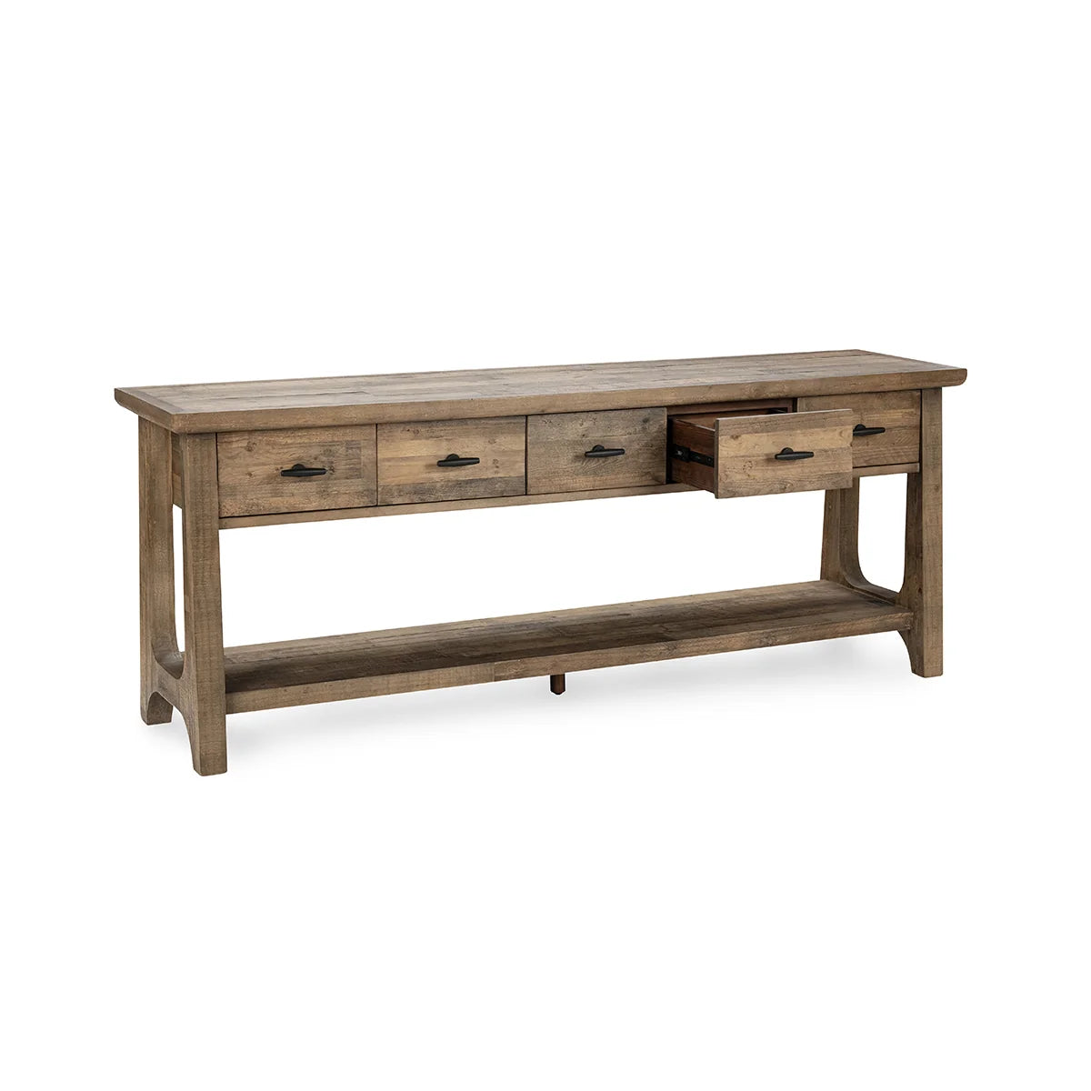 Talladega reclaimed pine console table featuring a weathered finish, four storage drawers, and an open lower shelf.